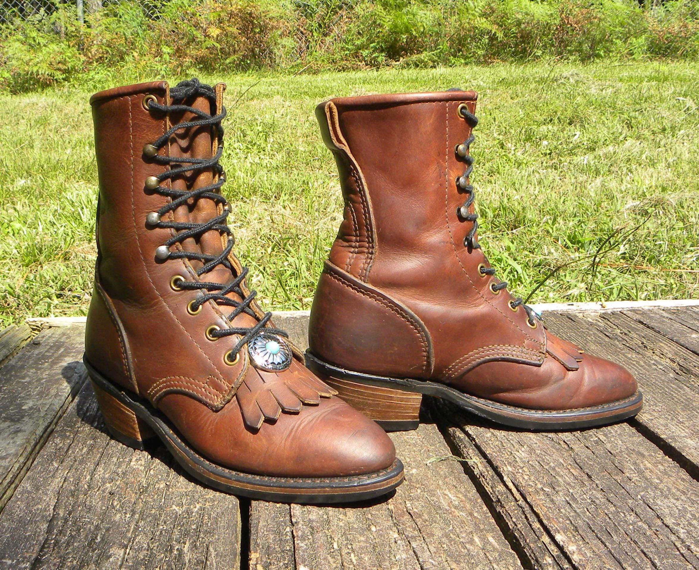 Vintage Durango Leather PACKER Western BOOTS Brown Lace up 
