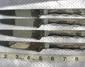 Vintage USA 4 Serrated Western Steak Knives --Stainless Steel Engraved Western HORSES, Brands, Spurs--ALL Different/Custom made