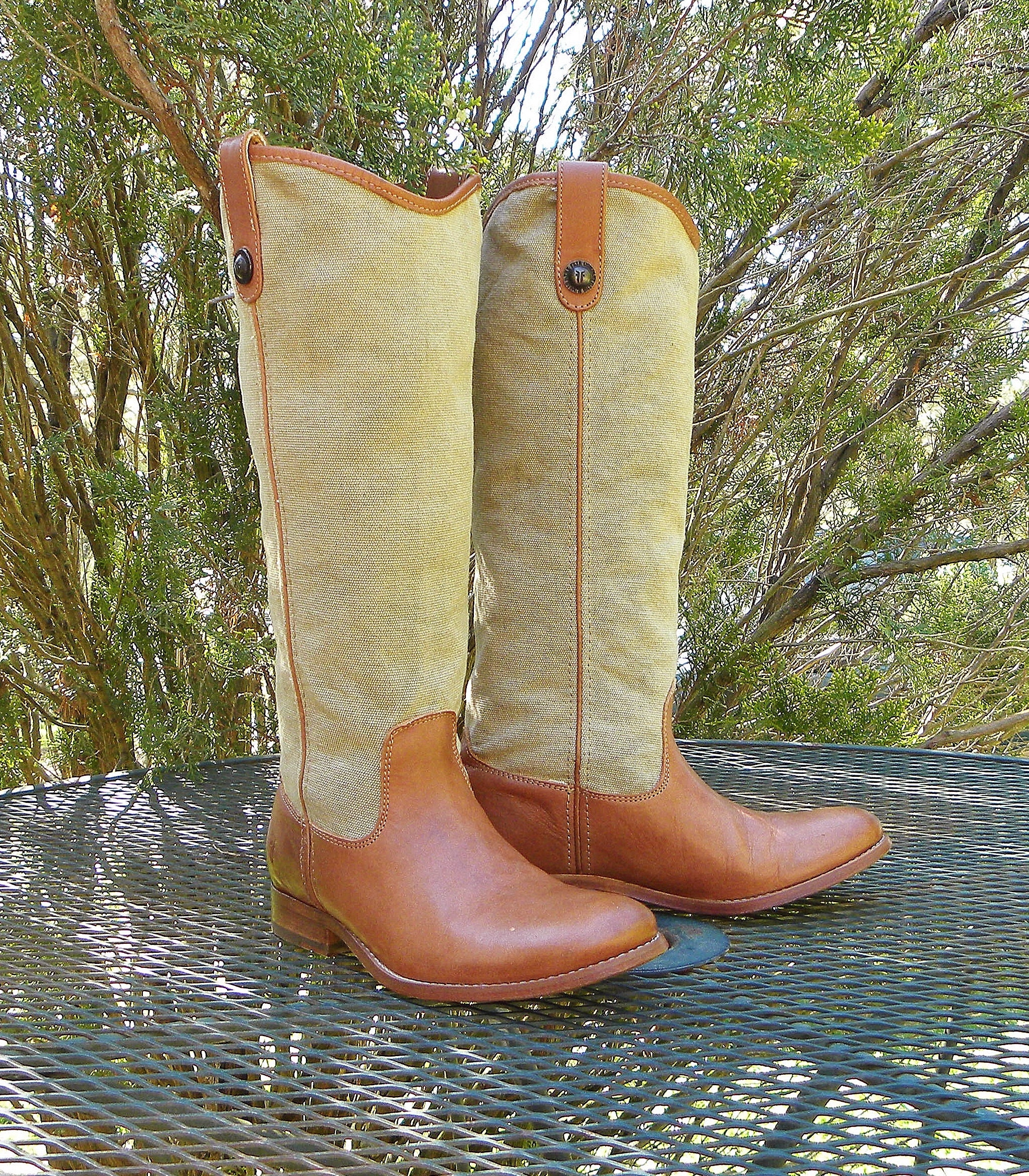 FRYE 15 Leather Natural Canvas BOOTS Pull On Western Travelers Boots Womens 7B