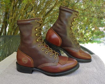 Vintage USA Double H Leather PACKER Western Boots Lace up  display picture 3
