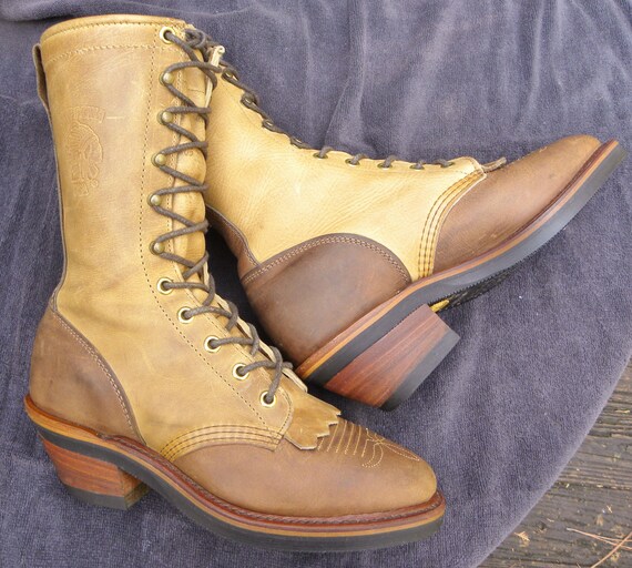 VINTAGE CHIPPEWA USA Leather Packer Western Boots 2 Color Lace up Kiltie Working Cowboy Rodeo Mens 6.5M Etsy
