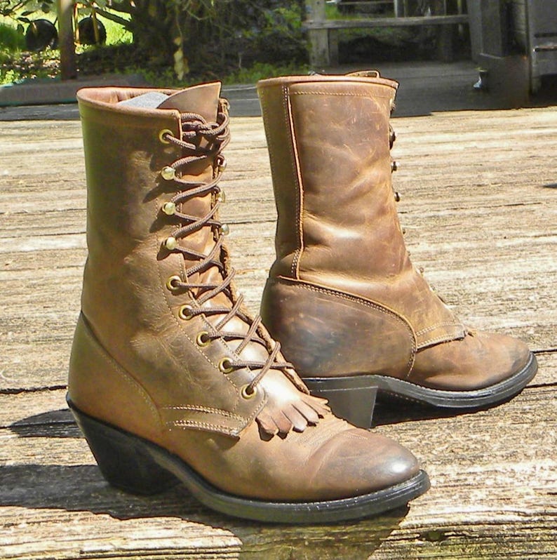 Laredo USA Leather Packer Boots Western Apache Brown Lace up ROPERS ...