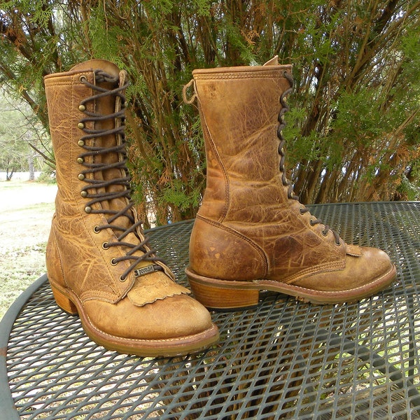 Vintage USA DOUBLE H (HH) Leather Packer Western Boots Distressed Brown Lace Up Kiltie working Cowboy Rodeo Womens 7M