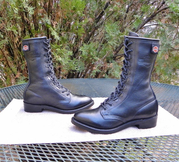Vintage USA Harley Davidson Leather Moto Boots Black Minimalist Lace up Old school Combat Style Bikers Womens 7 Etsy