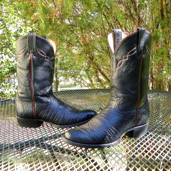 Vintage USA Tony Lama BULLHIDE Leather Western Boots Black Ropers Gold Label -Red piping Mens 7D