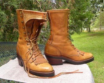 Justin Boots USA Leather PACKER Boots Western Lace up Ropers Kilties working Womens 8B--Vintage