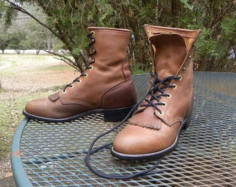 Vintage PD Tuff USA Apache Leather Paddock Boots UNION Made Brown Leather Western Lace up Kilties Mens 8EE