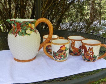 1996 Winterthur Enesco Pitcher Serving Set, 5Pc Countrycore 3D Mugs Ceramic Waffle print