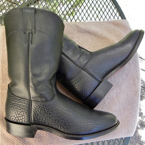 Vintage Justin USA 10&quot; BULLHIDE Leather Western Boots Black ROPER Boots Cowboy Mens 7.5D