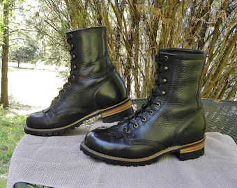 Vintage Double H USA Classic Logger Boots Lace up Black leather Kiltie Work boots HH Women 8W