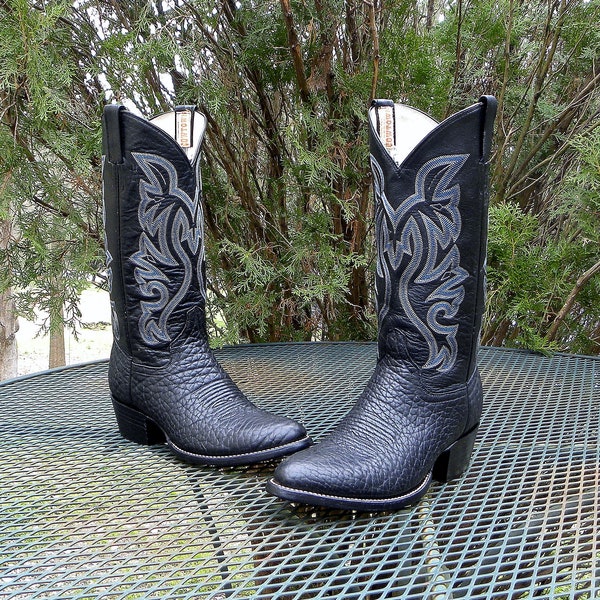 Vintage Mexico COWTOWN BULLHIDE Western Boots Handmade black Leather-Pegged soles Men 7D