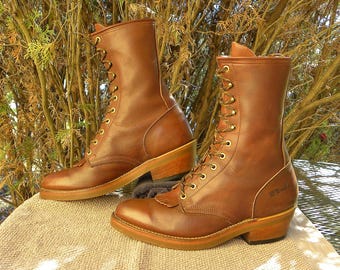 Vintage USA Double H Leather PACKER Western Boots Lace up  display picture 3
