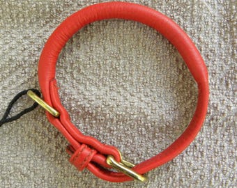 Rolled Leather DOG Collar Red Canine Collar w/brass buckle Adjustable Holes 9"-11"