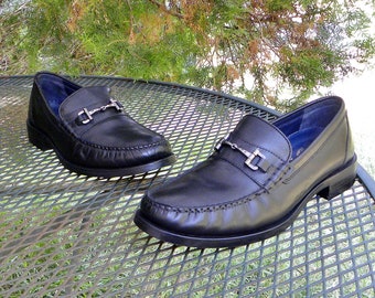 Vintage Cole Haan Leather HORSE D-BIT Loafers Black Genuine Handsewn Moc-toe shoes Mens size 9.5