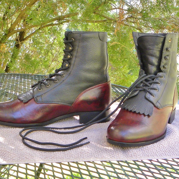 Vintage ARIAT Leather Western Paddock Boots- 2 Tone Lace up Kiltie Roper Ranch Work Womens 10