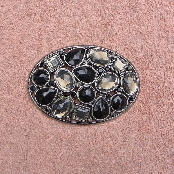 WESTERN Diva OVAL Belt Buckle - Bevel Set faceted Black & smokey topaz glass Stones