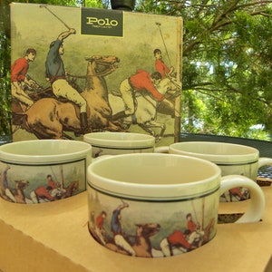 Vintage 1978 Set of 4 POLO Ralph Lauren Mugs--Antique Polo Players Graphics--10oz Horsey Mugs w/box-Japan