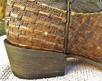 CUADRA "Gold Dust Woman" Lizard Basket Boots --Exotic Custom Western Lizard Woven Leather 6" Ankle 2 tone pull ons Women sz 8