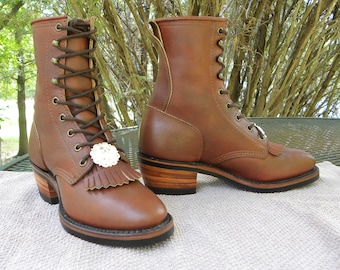 Santa Fe Leather PACKER Western BOOTS Brown Lace Up Kiltie w/ Concho Roper Cowboy Women 6.5--READ