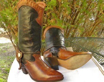 Zodiac USA Distressed Leather Boots-11" CUSTOM 2 Color Western- Concho Boot straps-Womens 8 Vintage