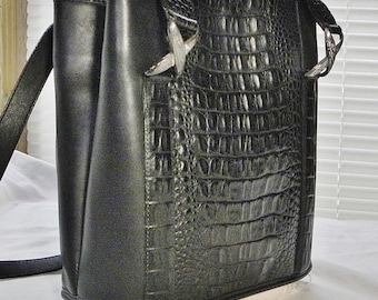 Early BRIGHTON Leather Bucket Bag Purse 3D Black Moc-CROC Western Handbag-twin straps