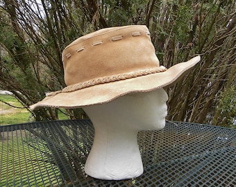 Vintage Banana Republic Suede KLONDIKE 49er Hat-- Floppy prospectors adventurers Western Tan Cap size Small-Medium