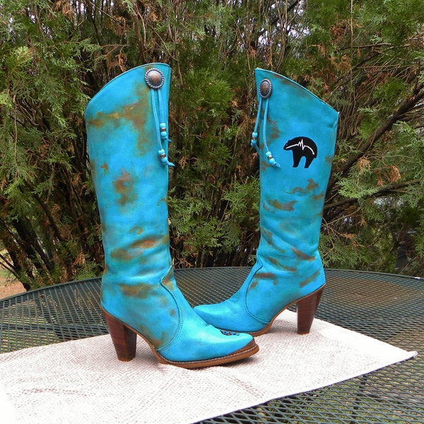 CUSTOM Zodiac USA "Arizona Rough" 16" Leather Boots-Hand painted Raw Turquoise-Western Conchos-SW Heart bear Womens 8.5