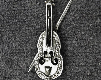Vintage 60's Brooch-- 925 Sterling Silver CELLO BASS VIOLIN-Bow Pin Marcasite Faceted Stones