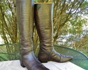 Vintage Cole Haan Leather Knee high Boots Textured Moc-Croc-Zips-Calf Buckle Women sz 9 BRAZIL