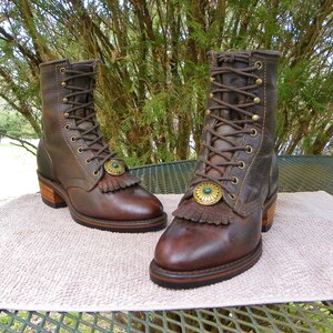 Vintage PD Tuff USA Leather PACKER Western Boots Brown Working Lace up Kilties w/Conchos women 7.5M
