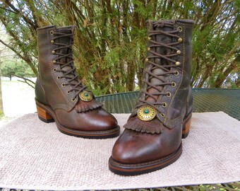 Vintage PD Tuff USA Leather PACKER Western Boots Brown Working Lace up Kilties w/Conchos women 7.5M