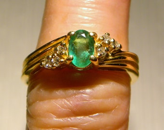 Vintage USA NATURAL .50 CT Oval Emerald--6 Diamond Ring-14kt Yellow Gold