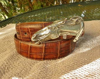 1994 BRIGHTON "Run For The Roses" Leather Western BELT--Brown Moc-Croc Leather- Horse Head Silver Buckle sz Large