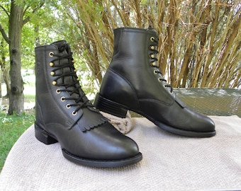 Vintage ARIAT Leather Western PADDOCK Boots Black Lace up Kilties Cowboy Rodeo Womens 8.5B