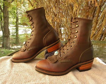 PD Tuff USA Leather 8" Packer Western Boots Brown Lace up Kilties CONCHOS Working cowboy Womens 7 Vintage