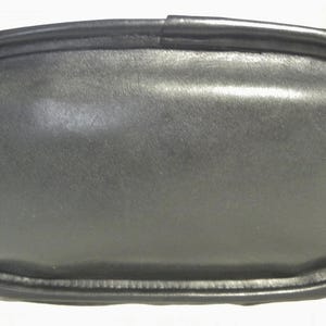 May include: A black leather handbag with a rounded rectangular base. The bag has a smooth, matte finish and a contrasting black trim around the edges. The image is a close-up of the bottom of the bag.