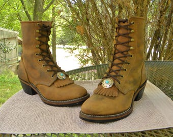 PD Tuff Oiled Leather PACKER Western Boots Brown Working Lace up Kilties w/Conchos women 8.5M- Vintage