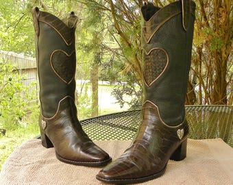 90s Brighton Brazil Leather Western Boots--Benchmade 2 Tone Signature HEART Moc-Croc Womens 9