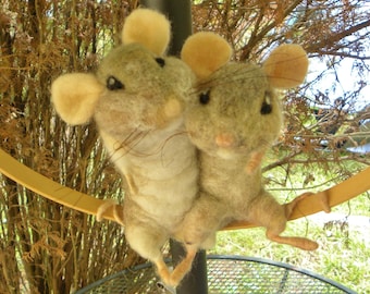 Handmade "BUDS" Mice Couple sitting in a 10" Hoop--Needle felted Wool with whiskers- USA Primitive