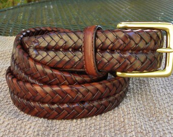 90's BRIGHTON Western Leather BELT--RIO-Weave Brown Belt - Solid Brass Buckle size 36