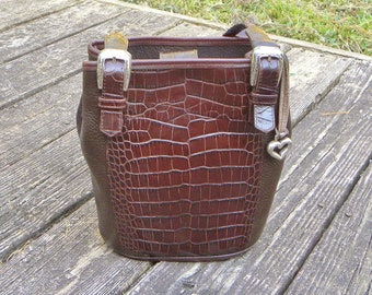 Vintage BRIGHTON Leather Bucket Bag Purse Brown Moc-CROC Western Handbag-twin braided shoulder straps