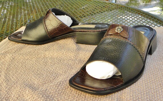 Vintage Brighton Italy Leather Sandals--2 Tone Moc-croc Slip on