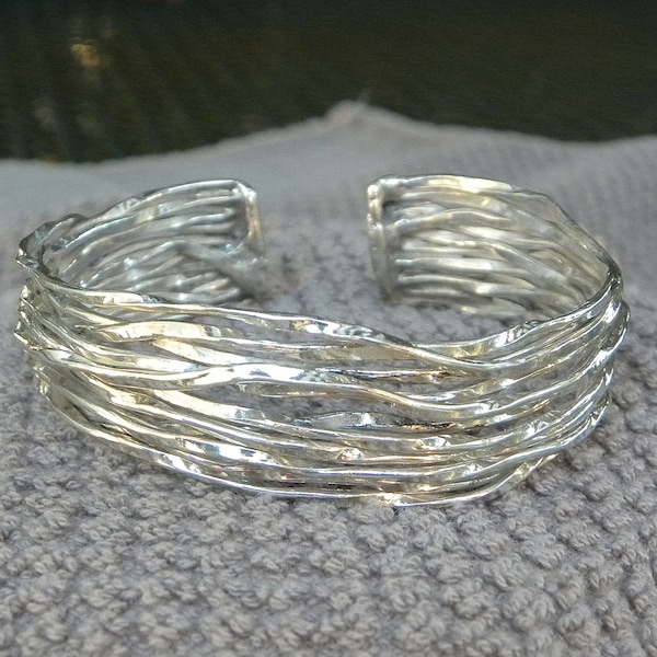 Sterling Silver CUFF BRACELET Gypsy Twisted wavey wire 10 strand Bangle- 925 Solid 37 grams