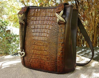 Early BRIGHTON Leather Handbag-Brown 3D Moc-CROC Western Purse-twin straps pocketbook Vintage