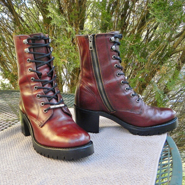 Vintage FRYE USA Leather Combat Moto Boots--Cherry Western Lace Up Chunky heels Women size 7.5B