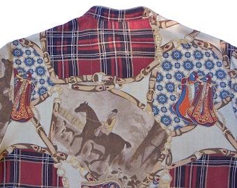 Vintage Patchwork Postboy Shirt Antique Horse & Tartan Plaid equestrian print Women sz L--Chest-44"