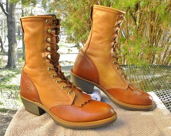ARIAT Leather Packer Western Boots 2 tone Lace up Kilties working Cowboy Rodeo Mens 8.5D--Nice Vintage
