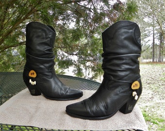 Vintage Zodiac Slouchy Leather Western Boots-10" Black with deco Boot Concho Straps Beads-Womens 10