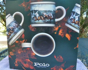 Vintage 80s Set of 4 POLO Ralph Lauren Mugs--Polo Country Artsy Polo Players Graphics-Horsey 12 oz Mugs w/box-Japan