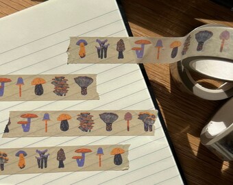 Mushroom washi tape / Printed roll of illustrated fungus washi tape  / modern block colours mushroom print